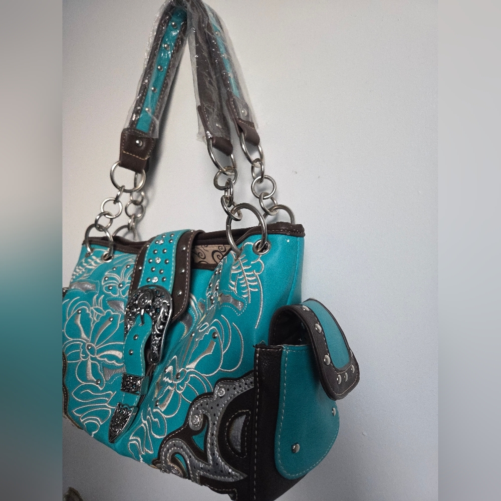 Western Rhinestone Turquoise Brown Conceal Carry Buckle Floral Women's Handbag - Picture 12 of 16